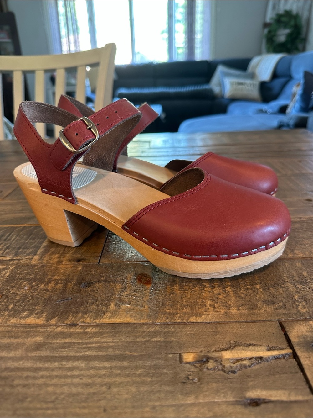 Maguba Red Swedish Wooden Sole Clogs With Strap & Buckle Size 39